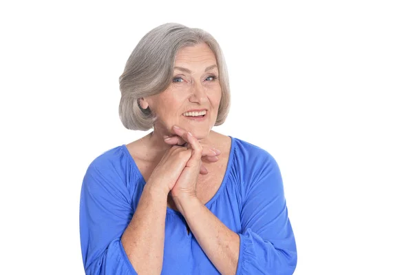 Emotivo Anziano Donna Posa Isolato Sfondo Bianco — Foto Stock