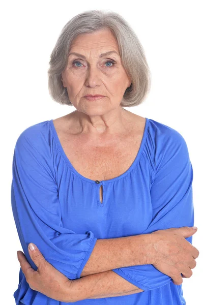 Smutné Starší Žena Představuje Izolované Bílém Pozadí — Stock fotografie