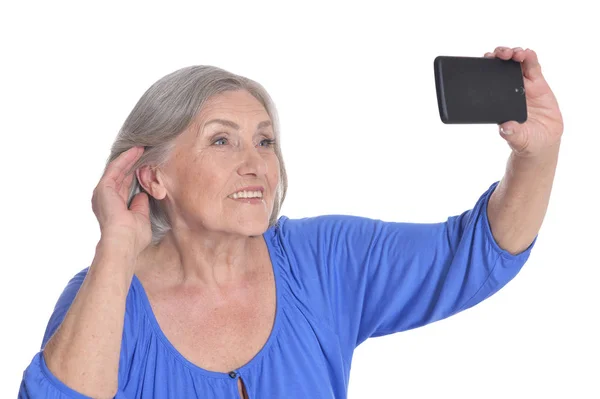 Senior Kvinna Tar Selfie Isolerad Vit Bakgrund — Stockfoto