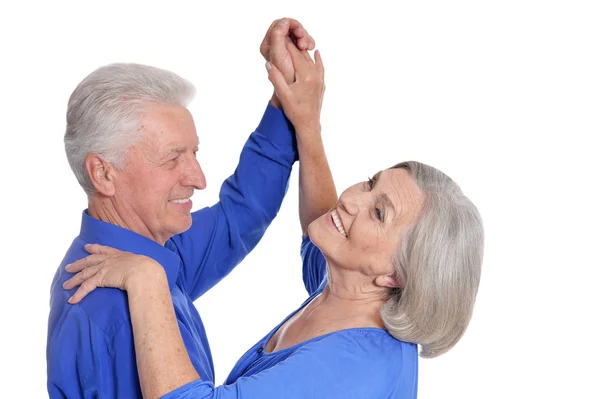 Portret Van Gelukkige Senior Paar Dansen Geïsoleerd Witte Achtergrond — Stockfoto