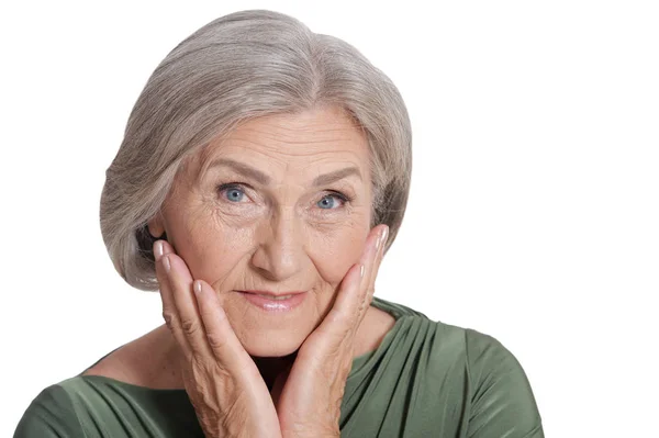 Emotivo Anziano Donna Posa Isolato Sfondo Bianco — Foto Stock