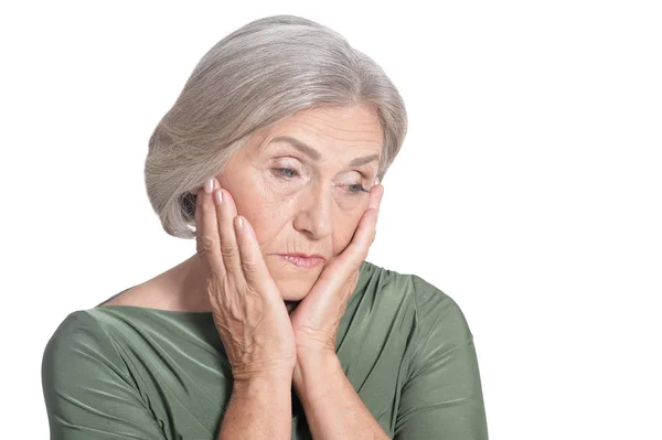 Triste Mujer Mayor Posando Aislada Sobre Fondo Blanco —  Fotos de Stock