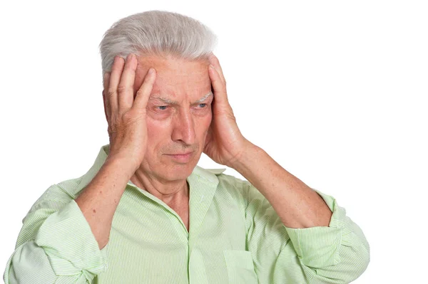 Ritratto Uomo Anziano Triste Con Mal Testa Isolato Sfondo Bianco — Foto Stock