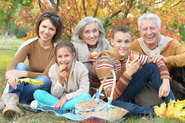 放松片秋色的公园的幸福微笑家庭 — 图库照片