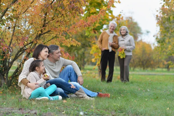 秋の公園でリラックスした幸せな笑みを浮かべて家族 — ストック写真