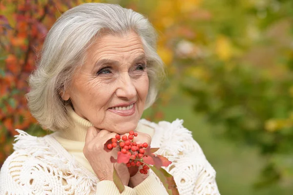 Χαρούμενη Ηλικιωμένη Γυναίκα Που Ποζάρει Στο Φθινοπωρινό Πάρκο — Φωτογραφία Αρχείου