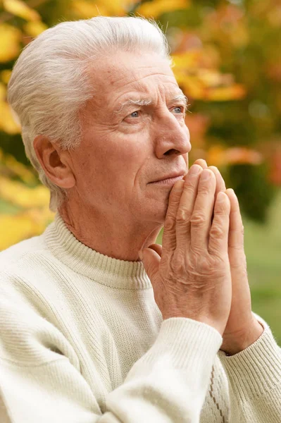 Portrait Thoughtful Senior Man Praying Park — Stock Photo, Image