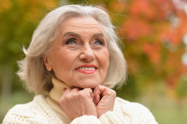 Happy Senior Woman Smiling Autumn Park — Stock Photo, Image