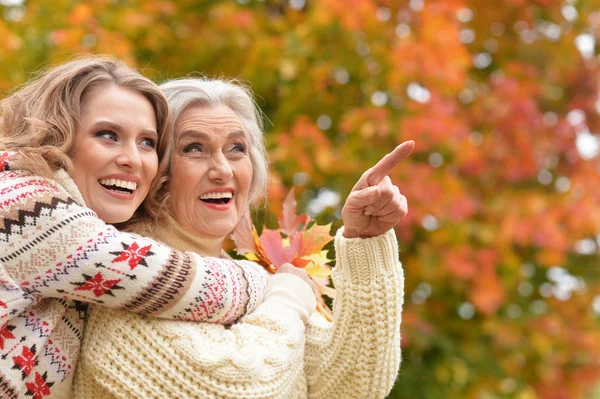 Senior Vrouw Met Dochter Rusten Herfst Park Senior Vrouw Wijzend — Stockfoto