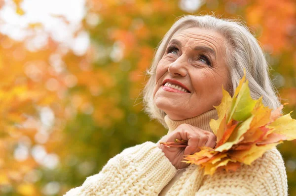 Feliz Mujer Mayor Sonriendo Parque Otoño — Foto de Stock