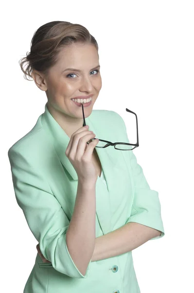 Retrato Hermosa Joven Empresaria Posando Aislada Sobre Fondo Blanco — Foto de Stock