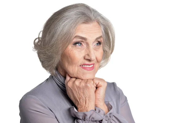 Емоційна Старша Жінка Позує Ізольовано Білому Тлі — стокове фото