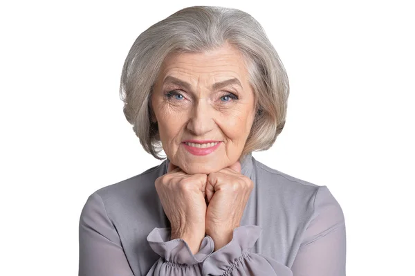 Emotionele Senior Vrouw Poseren Geïsoleerd Witte Achtergrond — Stockfoto