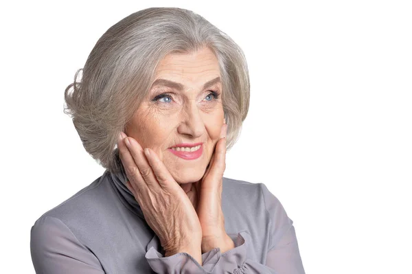 Emotionell Senior Kvinna Som Utgör Isolerad Vit Bakgrund — Stockfoto