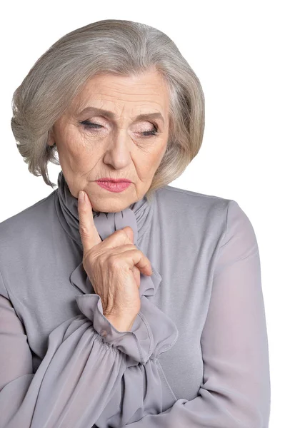 Грустная Пожилая Женщина Позирует Изолированно Белом Фоне — стоковое фото