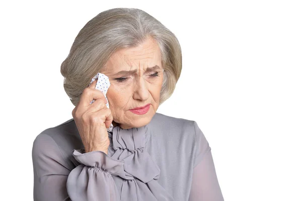 白い背景で隔離の頭痛と悲しいの年配の女性の肖像画 — ストック写真