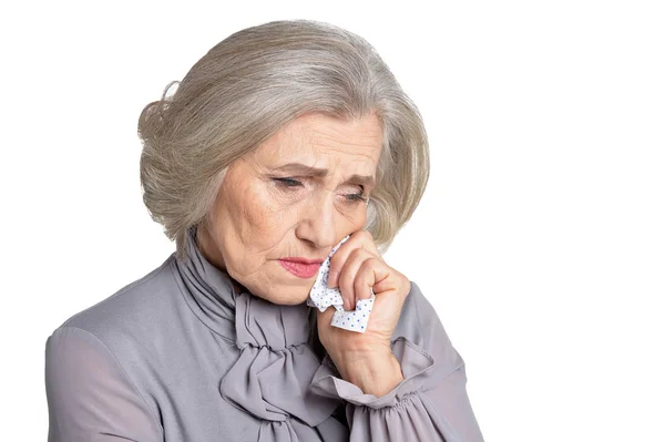 Mujer Mayor Llorando Sobre Fondo Blanco —  Fotos de Stock