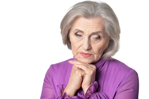 Triste Mujer Mayor Posando Aislada Sobre Fondo Blanco —  Fotos de Stock