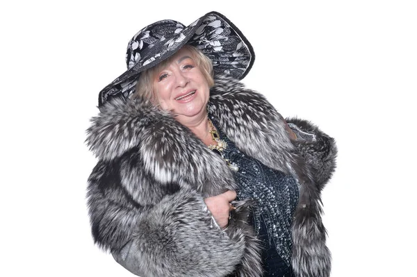 Mujer Mayor Con Sombrero Negro Abrigo Piel Aislado Sobre Fondo —  Fotos de Stock