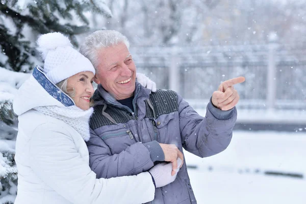 Happy Senior Para Zimie Zewnątrz Mężczyzna Wskazując Palcem — Zdjęcie stockowe