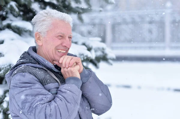 Портрет Улыбающегося Пожилого Человека Улице Зимой — стоковое фото