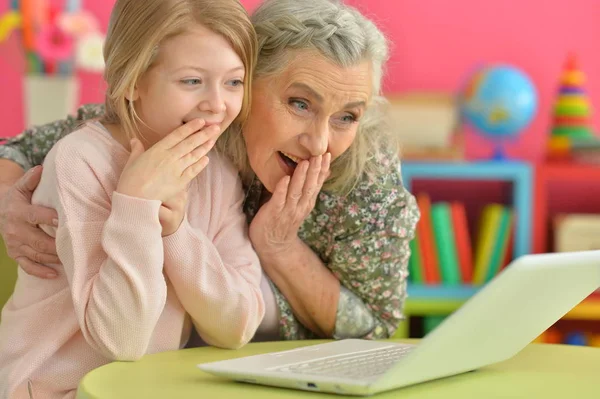 快乐的祖母和使用笔记本电脑的女儿的肖像 — 图库照片
