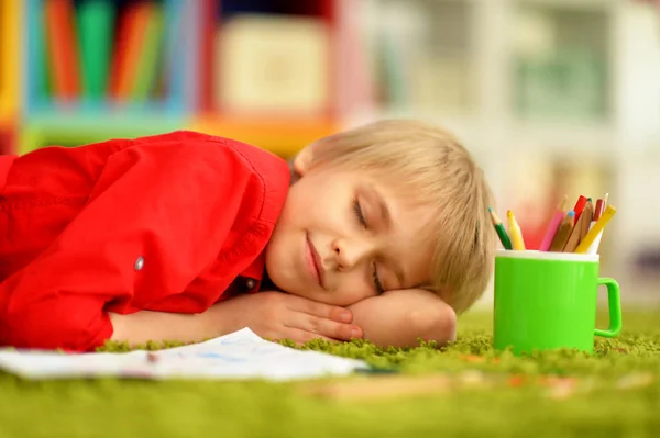 Portrait Cute Little Boy Sleeping Table — Stock Photo, Image