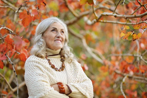 Happy Senior Woman Autumn Park — Stock Photo, Image