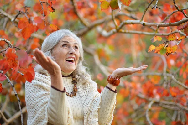 Happy Senior Woman Autumn Park — Stock Photo, Image