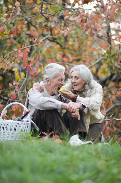 快乐的老年女人和男人在公园里 吃苹果的人 — 图库照片