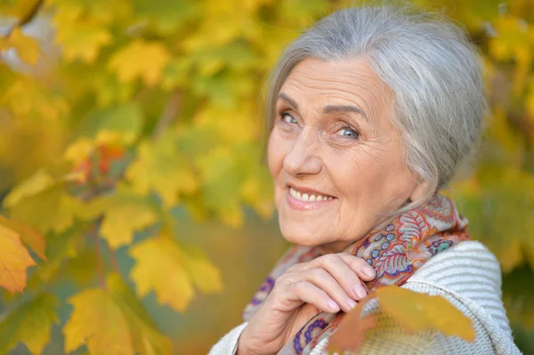 Felice Donna Anziana Sorridente Nel Parco Autunnale — Foto Stock