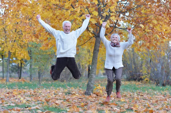 Feliz Sênior Mulher Homem Parque Saltando — Fotografia de Stock