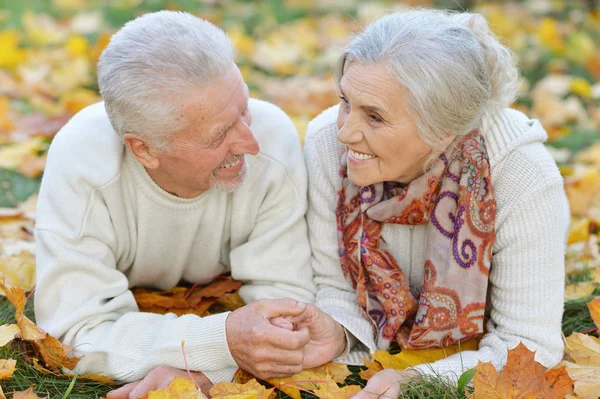 Glückliches Senioren Paar Liegt Park — Stockfoto