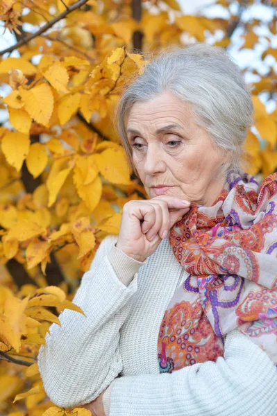 Triste Donna Anziana Autunno Parco — Foto Stock