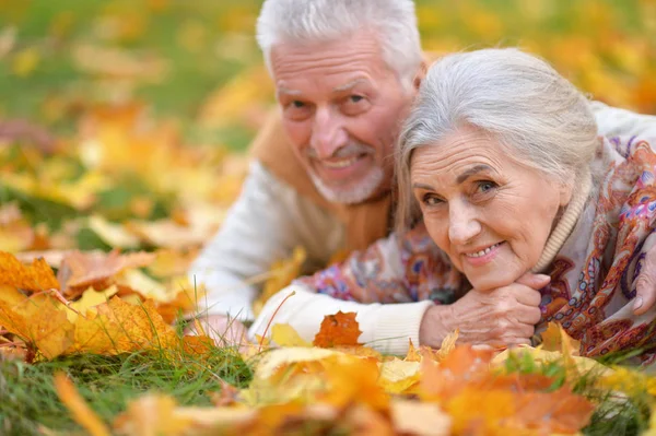 幸福的老年夫妇躺在秋叶上 — 图库照片