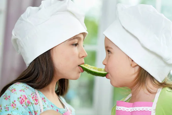 Cute Girls Cucumber Kitchen — Stock Photo, Image