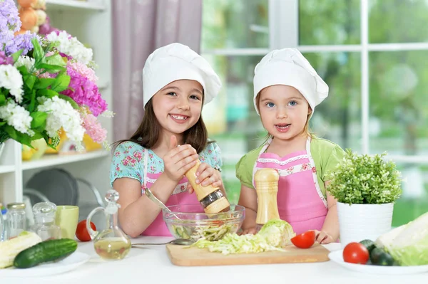 Cute Girls Preparing Delicious Fresh Salad Kitchen — Stock Photo, Image