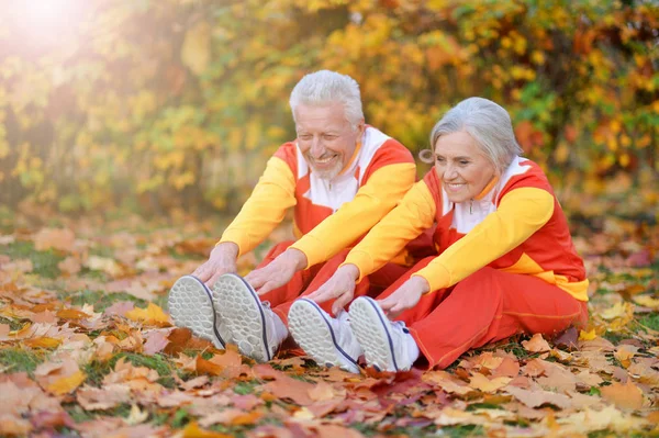 Passen Senior Paar Uitoefenen Herfst Park — Stockfoto