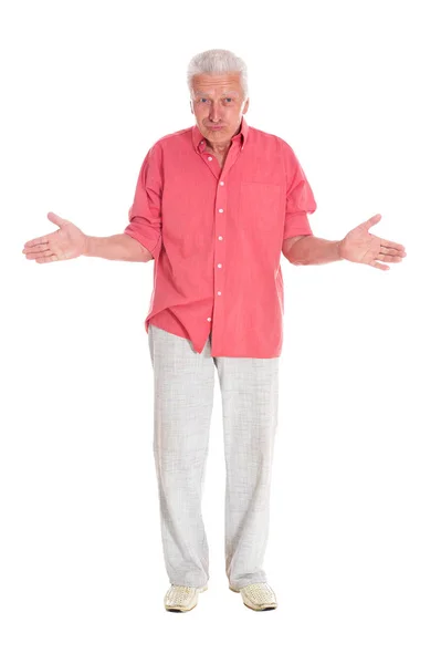 Verbaasd Senior Man Poseren Witte Achtergrond — Stockfoto