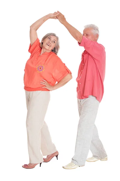 Beyaz Arka Planda Dans Eden Mutlu Yaşlı Çift — Stok fotoğraf