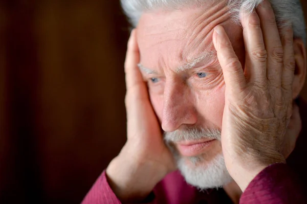 Close Portrait Thoughtful Senior Man Home — Stock Photo, Image