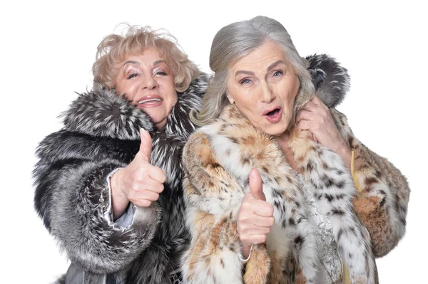 Senior Women Fur Coats Thumbs Isolated White Background — Stock Photo, Image