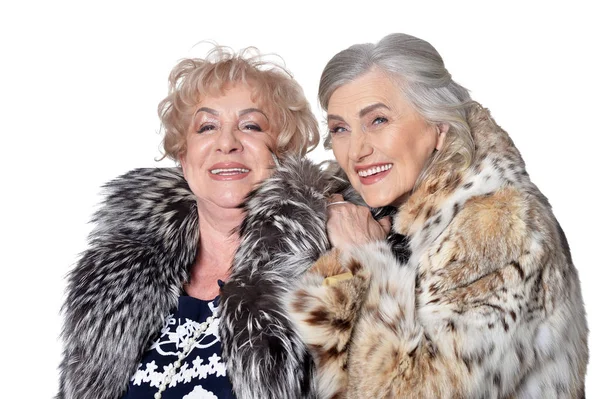 Beautiful Senior Women Fur Coats White Background — Stock Photo, Image