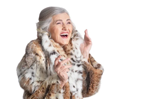 Portrait Happy Beautiful Senior Woman Fur Coat Posing White Background — Stock Photo, Image