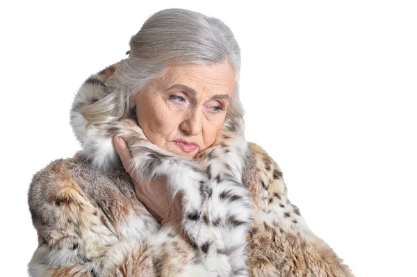 Portrait Sad Beautiful Senior Woman Fur Coat Posing White Background — Stock Photo, Image