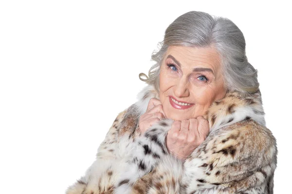 Portrait Happy Beautiful Senior Woman Fur Coat Posing White Background — Stock Photo, Image