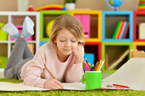 Bonito Sorrindo Menina Desenho Casa — Fotografia de Stock