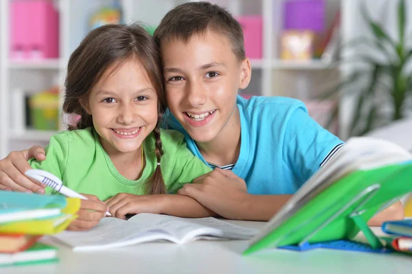 Bruder Und Schwester Gemeinsam Hausaufgaben Machen — Stockfoto