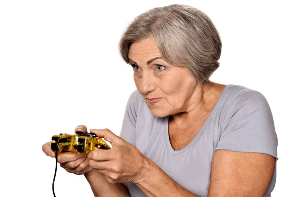 Mulher Idosa Feliz Jogar Jogo Vídeo Isolado Fundo Branco — Fotografia de Stock