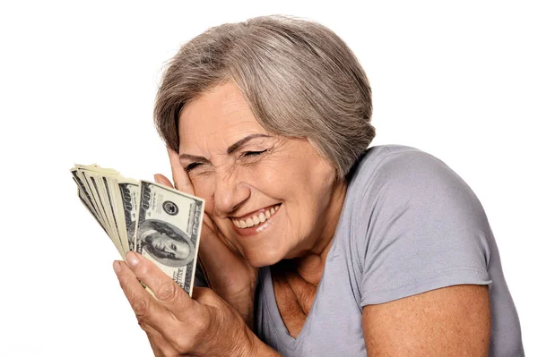 Feliz Anciana Con Dólares Sobre Fondo Blanco —  Fotos de Stock